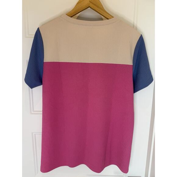 Wimoll Ribbed Colorblock Short Sleeve Top Women’s L Beige Pink Blue Stretch Knit - Picture 2 of 8